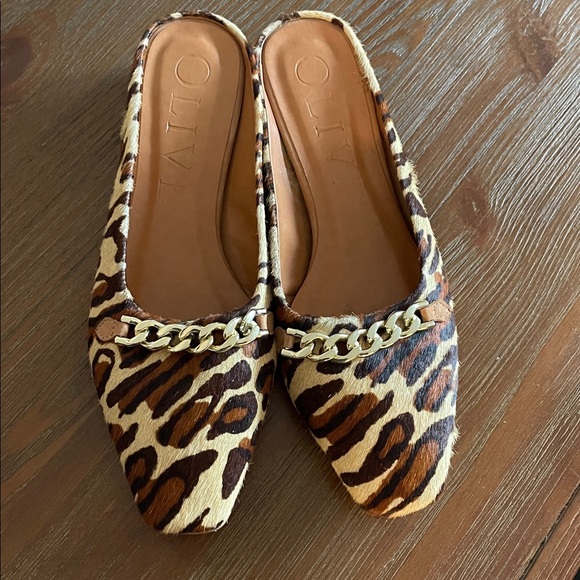 Olive Leopard Print Mules Flats Size7 Calf Hair Textured Upper Styled Clmfort - Picture 12 of 13